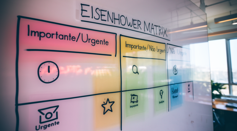 os quatro quadrantes da Matriz de Eisenhower. Cada quadrante deve ter um rótulo claro: 'Importante/Urgente', 'Importante/Não Urgente', 'Não Importante/Urgente', e 'Não Importante/Não Urgente'.